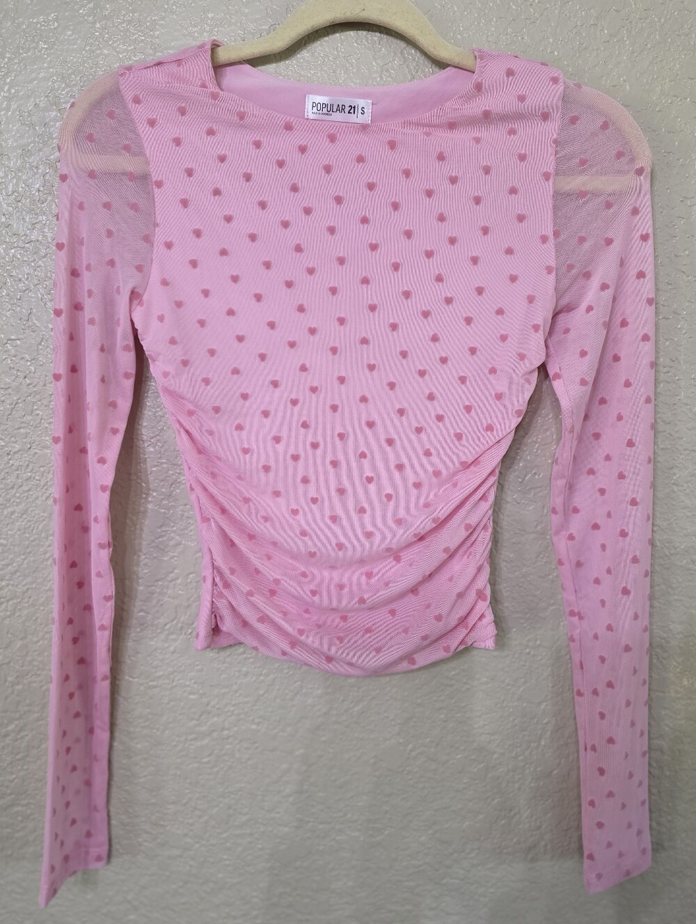 Popular 21 Pink Heart Ruched Long Sleeve Top